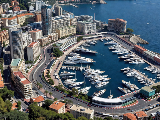 Aerial perspective of the Monte Carlo harbor and Monaco Grand Prix street circuit
