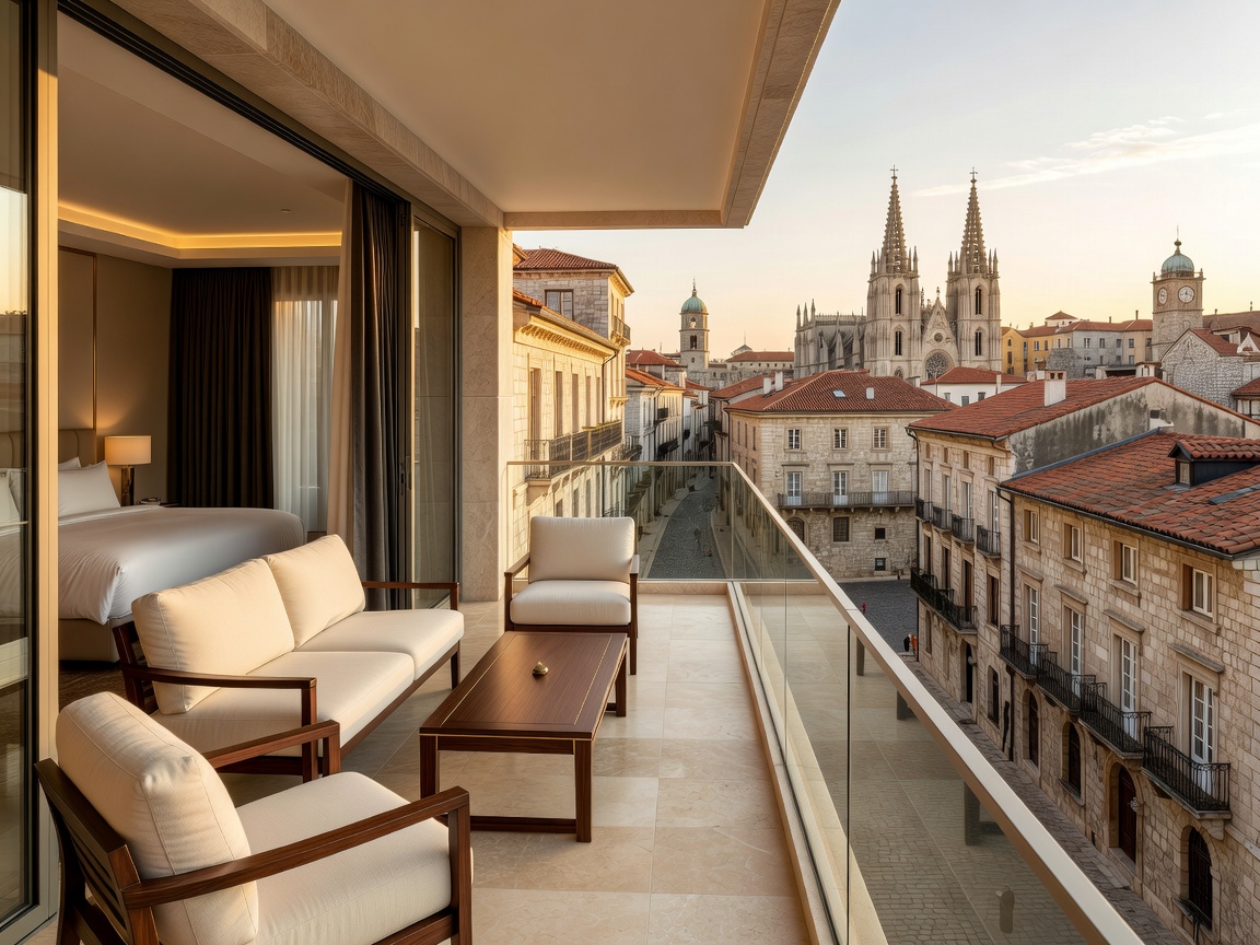Boutique luxury hotel suite balcony overlooking historic city architecture