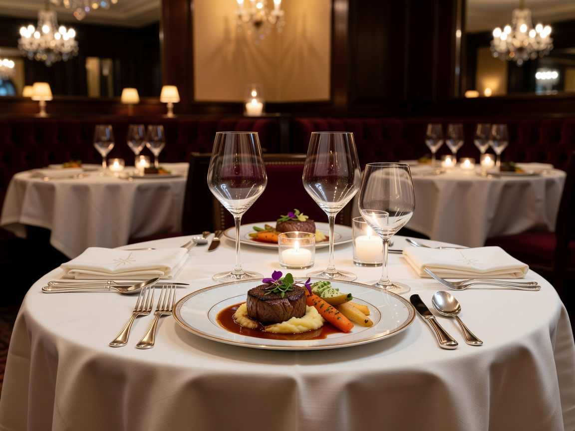 Atmospheric candle-lit European restaurant dining room with tables set for dinner