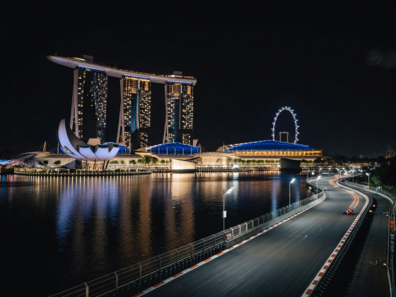 Singapore Marina Bay illuminated skyline and waterfront street circuit at night